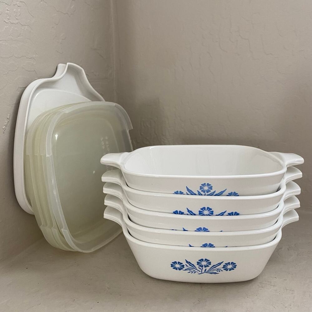 Set of 5 Vintage CorningWare Blue Cornflower 1 3/4 Cup Casserole Dishes Lids